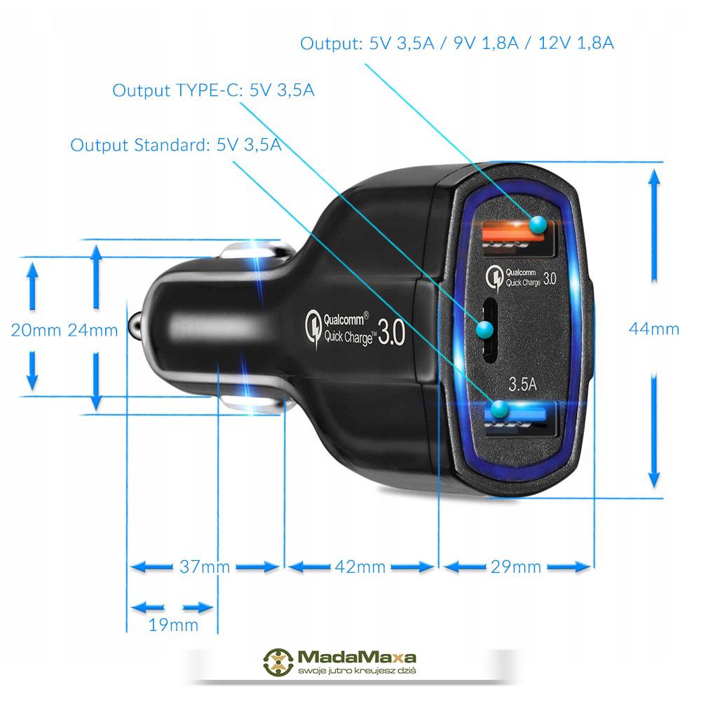 Ładowarka Samochodowa OVAL QUICK CHARGE 3.0 - 12V - 24V LED 2x USB 1x TYPE-C KF87 - obrazek 4