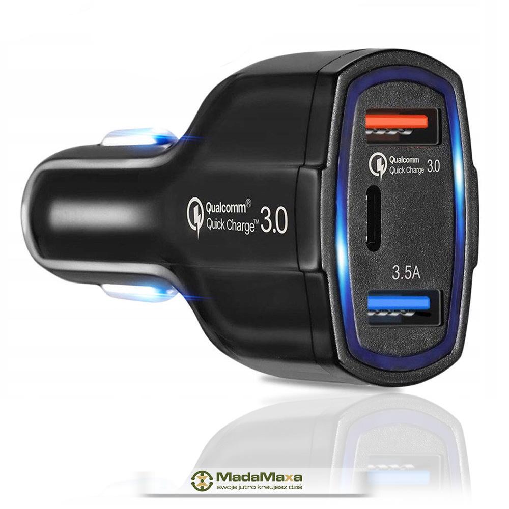 Ładowarka Samochodowa OVAL QUICK CHARGE 3.0 - 12V - 24V LED 2x USB 1x TYPE-C KF87