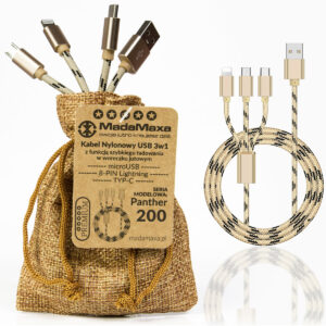 KABEL Nylonowy USB 3w1, microUSB, TYP-C, 8-PIN Lightning, 200cm Gold Panther złoto-czarny 2.0A KF73