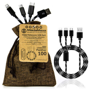 KABEL Nylonowy USB 3w1, microUSB, TYP-C, 8-PIN Lightning, 100cm Black Panther czarno-biały 2.4A KF75