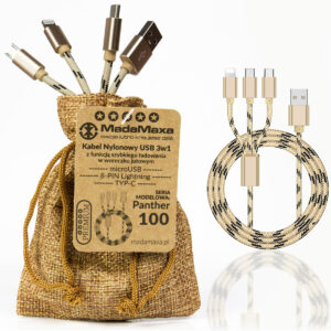 KABEL Nylonowy USB 3w1, microUSB, TYP-C, 8-PIN Lightning, 100cm Gold Panther złoto-czarny 2.4A KF72