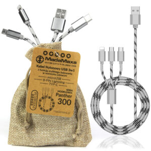 KABEL Nylonowy USB 3w1, microUSB, TYP-C, 8-PIN Lightning, 300cm Silver Panther srebrno-czarny 1.5A KF78