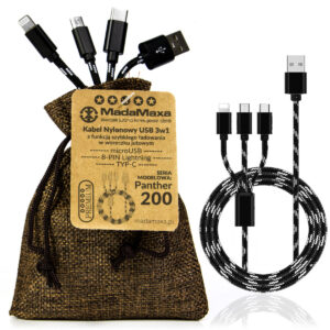 KABEL Nylonowy USB 3w1, microUSB, TYP-C, 8-PIN Lightning, 200cm Black Panther czarno-biały 2.0A KF76