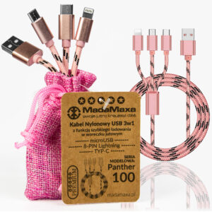 KABEL Nylonowy USB 3w1, microUSB, TYP-C, 8-PIN Lightning, 100cm Rose Panther różowo-czarny 2.4A KF80