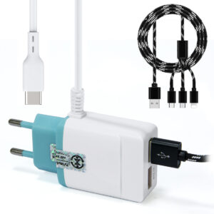 Ładowarka Sieciowa do Telefonu 2x USB + wtyk TYPE-C + smycz - SMS-BLUE-TYPE-C-762 KF99